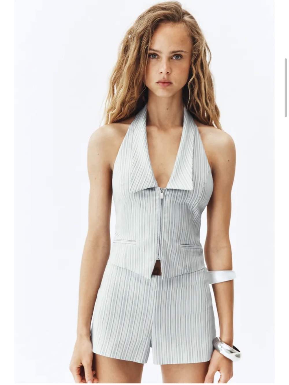 Zara Light Pinstripe Halter Zip Vest and Shorts Set - Light Gray